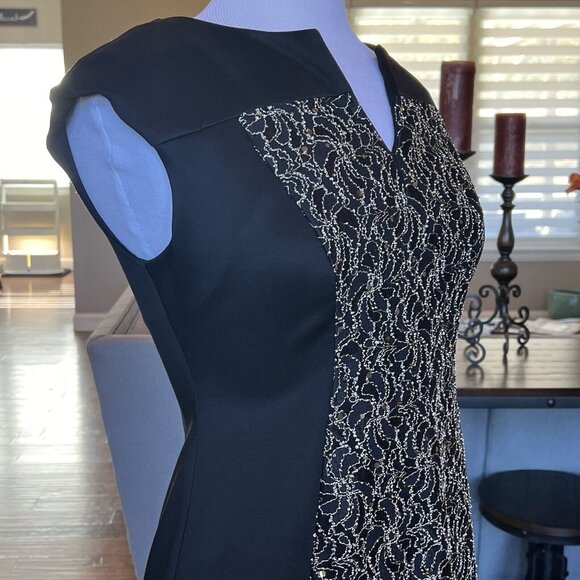 VTG Connected Apparel Women's Dress Size 6 Black Gold Midi Sheath Stretch - Picture 8 of 16